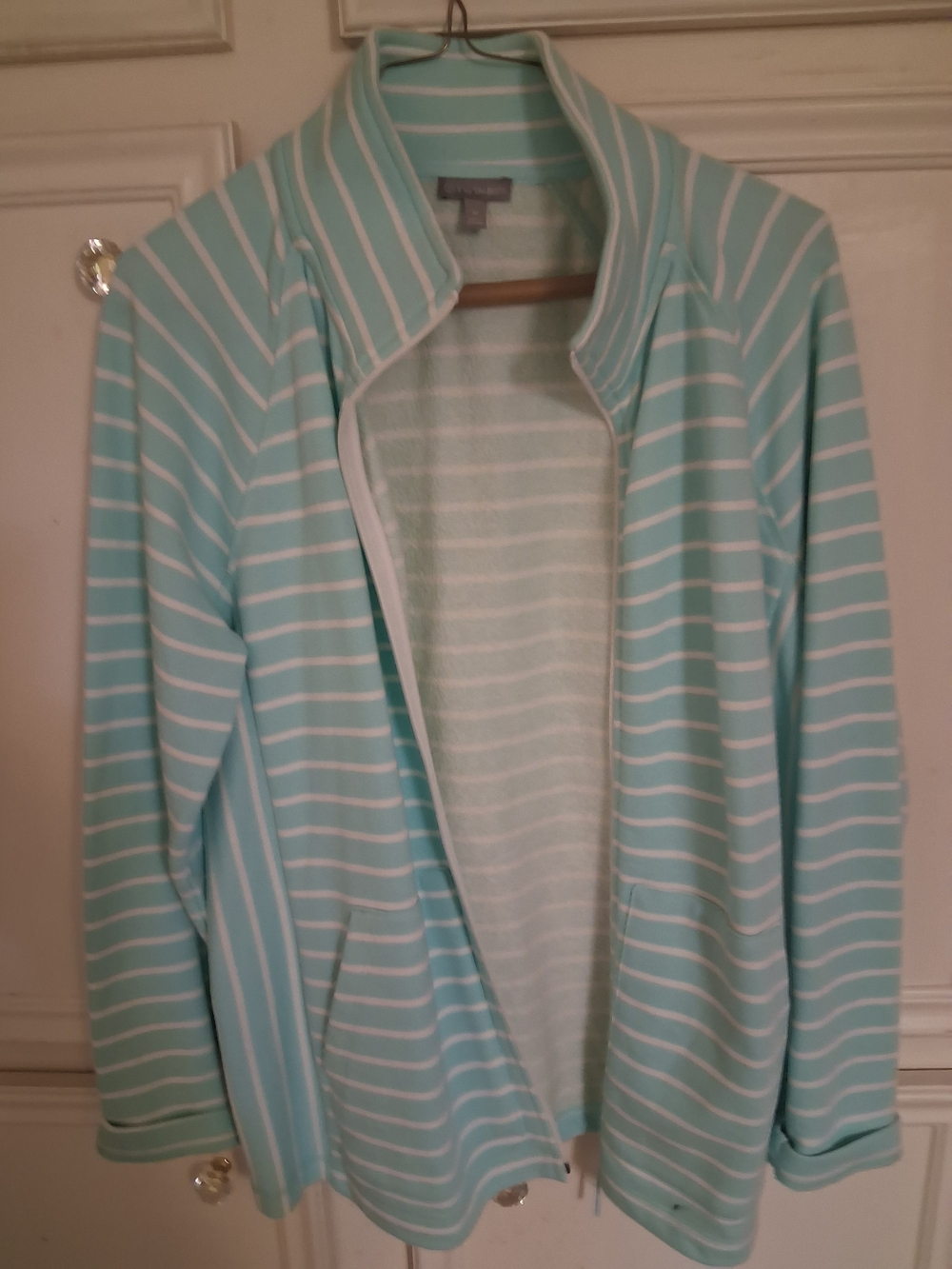Talbots Light Aqua and White Striped Open-Front Cardigan